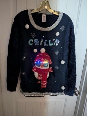 Holiday Time Light-Up Penguin Blue Ugly Christmas Sweater Size M (8-10) CHILL’N